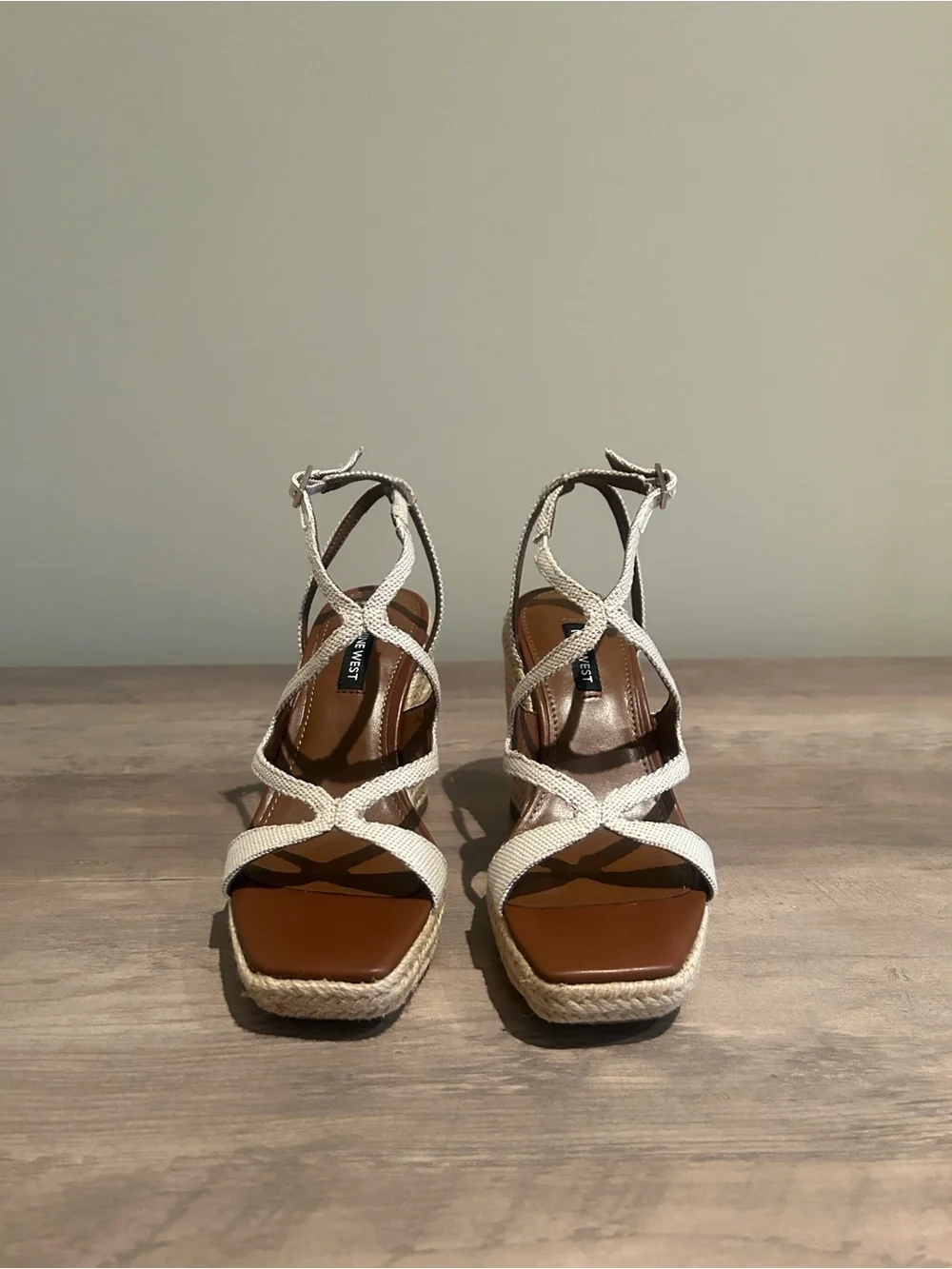 Nine West Cream Strappy Square-Toe Wedge Sandals